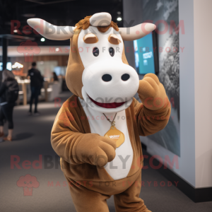 Tan Hereford Cow mascot costume character dressed with a Sweatshirt and Bracelets