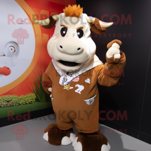 Tan Hereford Cow mascot costume character dressed with a Sweatshirt and Bracelets