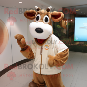 Tan Hereford Cow mascot costume character dressed with a Sweatshirt and Bracelets