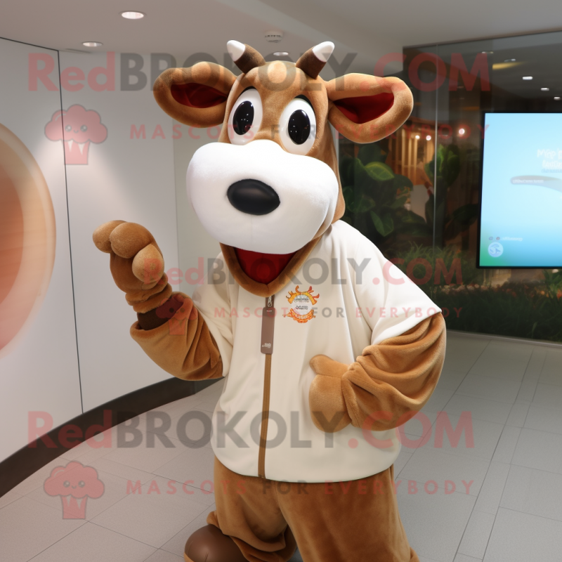 Tan Hereford Cow mascot costume character dressed with a Sweatshirt and Bracelets Tan Hereford Cow mascot costume character dressed with a Sweatshirt and Bracelets