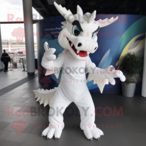 White Dragon mascot costume character dressed with a Jumpsuit and Gloves