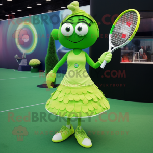 Lime Green Tennis Racket mascot costume character dressed with a Circle Skirt and Necklaces