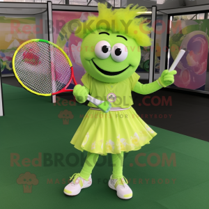 Lime Green Tennis Racket mascot costume character dressed with a Circle Skirt and Necklaces