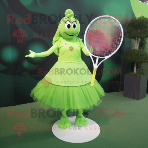 Lime Green Tennis Racket mascot costume character dressed with a Circle Skirt and Necklaces