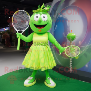 Lime Green Tennis Racket mascot costume character dressed with a Circle Skirt and Necklaces