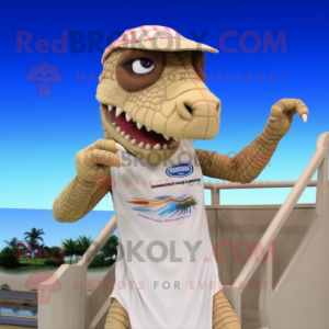 Beige Deinonychus mascot costume character dressed with a One-Piece Swimsuit and Scarf clips