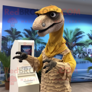 Beige Deinonychus mascot costume character dressed with a One-Piece Swimsuit and Scarf clips