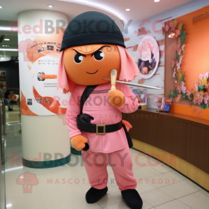 Peach Ninja mascot costume character dressed with a Pencil Skirt and Berets