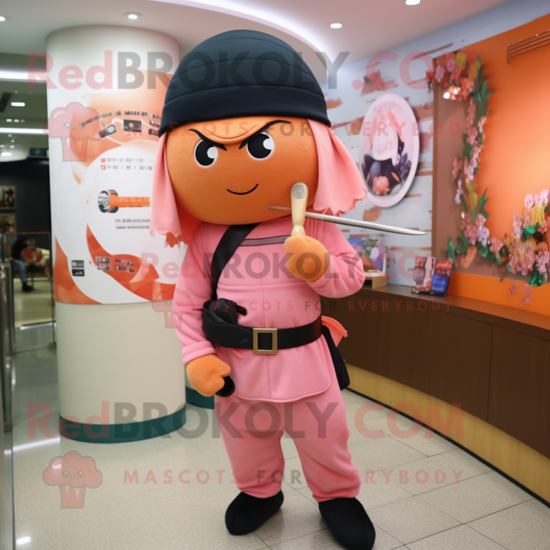 Peach Ninja mascot costume character dressed with a Pencil Skirt and Berets Peach Ninja mascot costume character dressed with a Pencil Skirt and Berets