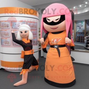 Peach Ninja mascot costume character dressed with a Pencil Skirt and Berets