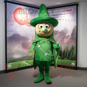 Green Chief mascot costume character dressed with a Wrap Dress and Hat pins