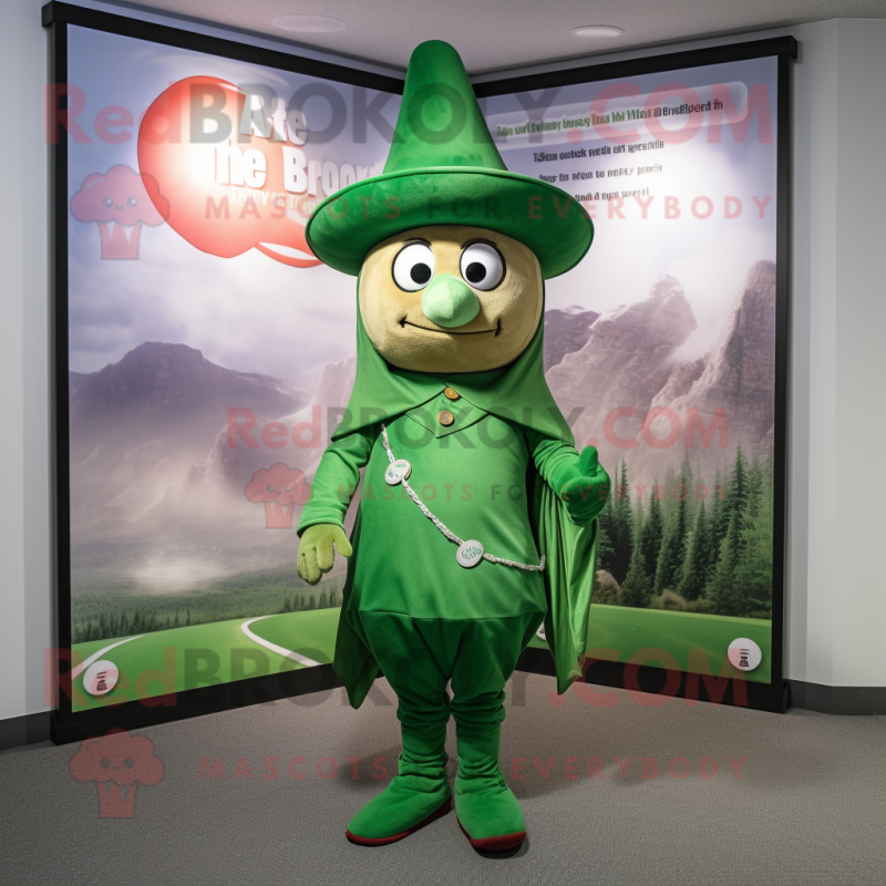 Green Chief mascot costume character dressed with a Wrap Dress and Hat pins