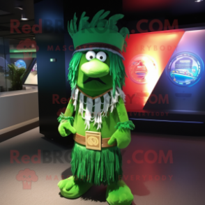 Green Chief mascot costume character dressed with a Wrap Dress and Hat pins