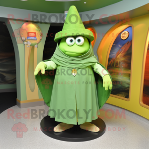 Green Chief mascot costume character dressed with a Wrap Dress and Hat pins