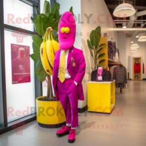 Magenta Banana mascot costume character dressed with a Dress Pants and Lapel pins