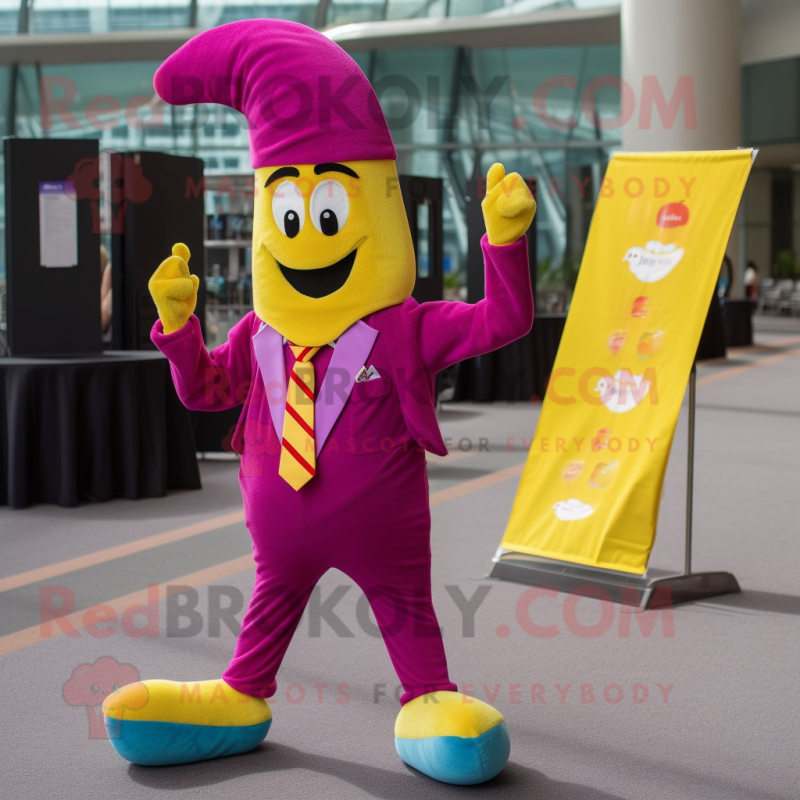 Magenta Banana mascot costume character dressed with a Dress Pants and Lapel pins