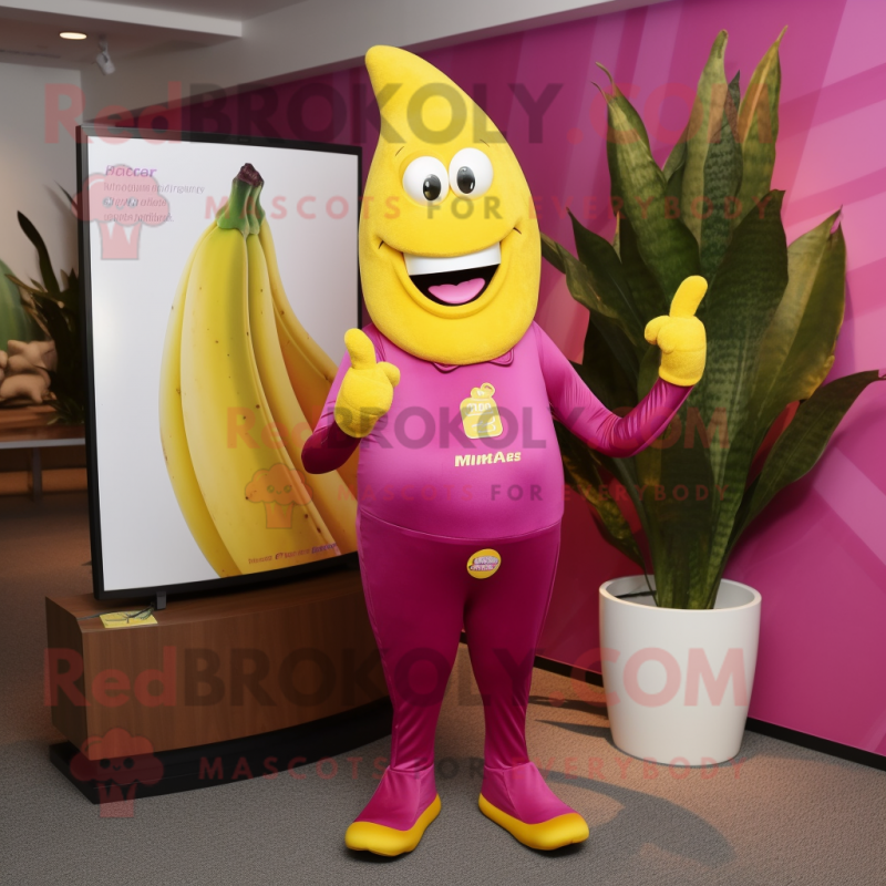 Magenta Banana mascot costume character dressed with a Dress Pants and Lapel pins Magenta Banana mascot costume character dressed with a Dress Pants and Lapel pins