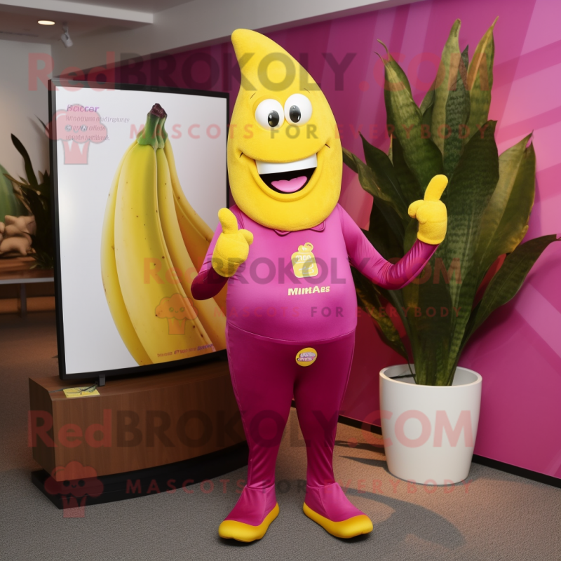 Magenta Banana mascot costume character dressed with a Dress Pants and Lapel pins