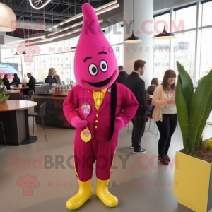 Magenta Banana mascot costume character dressed with a Dress Pants and Lapel pins