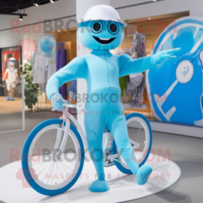 Sky Blue Unicyclist mascot costume character dressed with a One-Piece Swimsuit and Berets