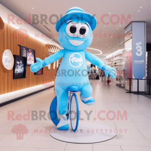 Sky Blue Unicyclist mascot costume character dressed with a One-Piece Swimsuit and Berets