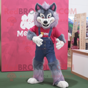 Magenta Say Wolf mascot costume character dressed with a Denim Shorts and Hairpins