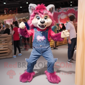 Magenta Say Wolf mascot costume character dressed with a Denim Shorts and Hairpins