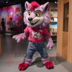 Magenta Say Wolf mascot costume character dressed with a Denim Shorts and Hairpins