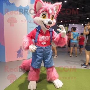 Magenta Say Wolf mascot costume character dressed with a Denim Shorts and Hairpins