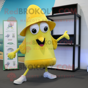 Lemon Yellow Squid mascot costume character dressed with a Running Shorts and Hats
