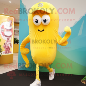 Lemon Yellow Squid mascot costume character dressed with a Running Shorts and Hats