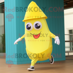 Lemon Yellow Squid mascot costume character dressed with a Running Shorts and Hats