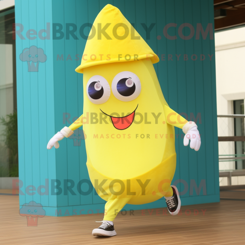 Lemon Yellow Squid mascot costume character dressed with a Running Shorts and Hats