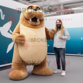 Beige Walrus mascot costume character dressed with a Boyfriend Jeans and Foot pads