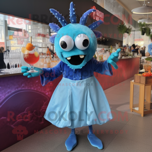 Cyan Crab Cakes mascot costume character dressed with a Cocktail Dress and Wraps