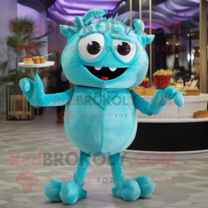 Cyan Crab Cakes mascot costume character dressed with a Cocktail Dress and Wraps