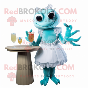 Cyan Crab Cakes mascot costume character dressed with a Cocktail Dress and Wraps