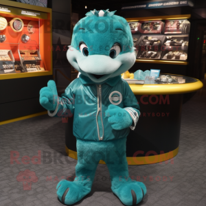 Teal Engagement Ring mascot costume character dressed with a Moto Jacket and Coin purses