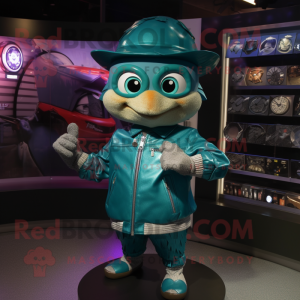 Teal Engagement Ring mascot costume character dressed with a Moto Jacket and Coin purses