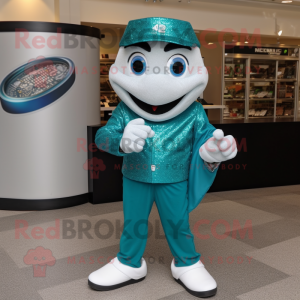Teal Engagement Ring mascot costume character dressed with a Moto Jacket and Coin purses