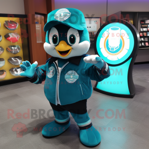 Teal Engagement Ring mascot costume character dressed with a Moto Jacket and Coin purses