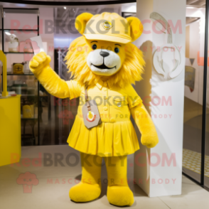 Yellow Lion mascot costume character dressed with a A-Line Skirt and Hats