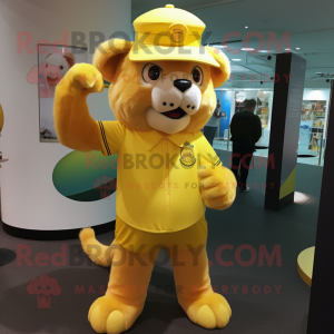 Yellow Lion mascot costume character dressed with a A-Line Skirt and Hats