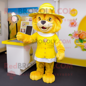 Yellow Lion mascot costume character dressed with a A-Line Skirt and Hats