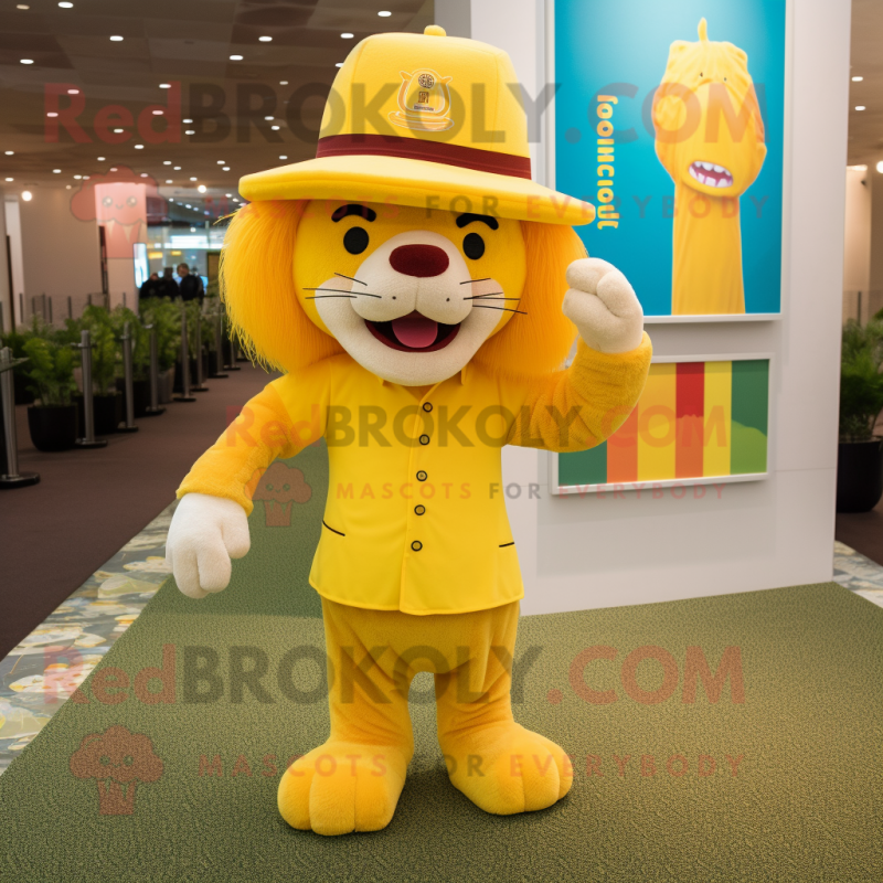 Yellow Lion mascot costume character dressed with a A-Line Skirt and Hats Yellow Lion mascot costume character dressed with a A-Line Skirt and Hats