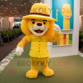 Yellow Lion mascot costume character dressed with a A-Line Skirt and Hats