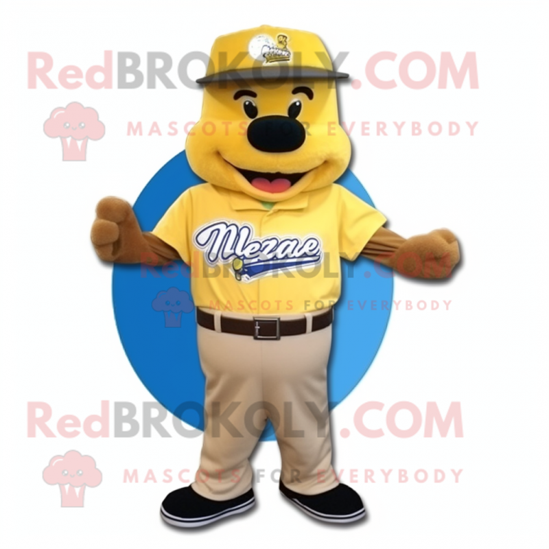 Gold Baseball Glove mascot costume character dressed with a Dress Pants and Cummerbunds Gold Baseball Glove mascot costume character dressed with a Dress Pants and Cummerbunds