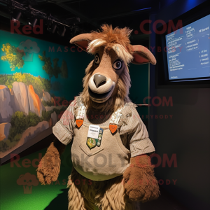 Brown Angora Goat mascot costume character dressed with a Henley Shirt and Suspenders