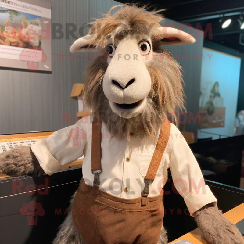 Brown Angora Goat mascot costume character dressed with a Henley Shirt and Suspenders