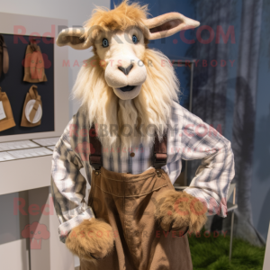 Brown Angora Goat mascot costume character dressed with a Henley Shirt and Suspenders